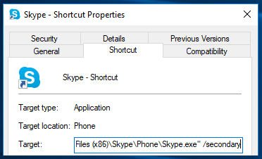 How to run multiple instances of Skype using /secondary shortcut property