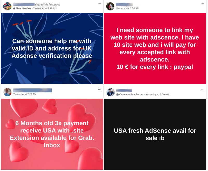 Fraudulent AdSense posts on Facebook