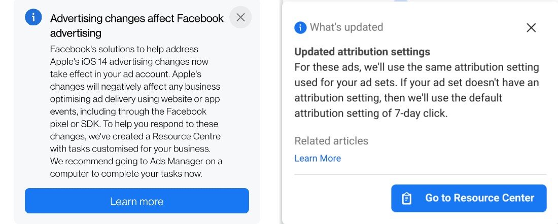 facebook notices about advertising changes from ios 14