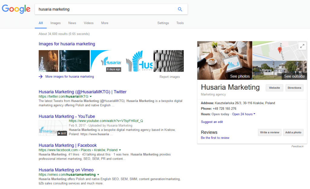 Husaria Marketing's Google Knowledge Panel Card