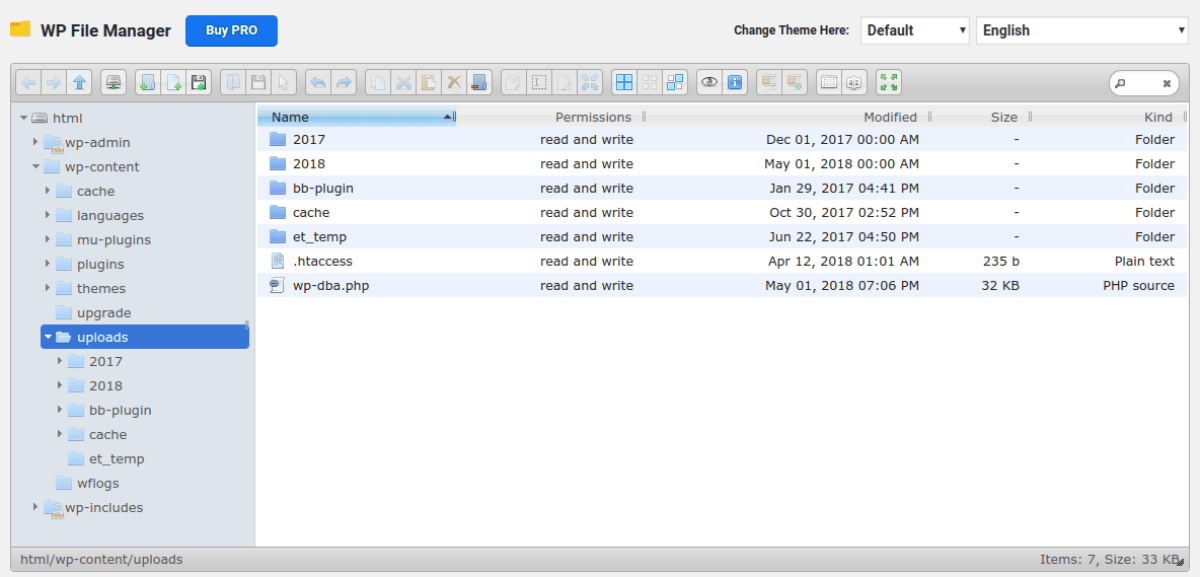 A clean WordPress file system in File Manager