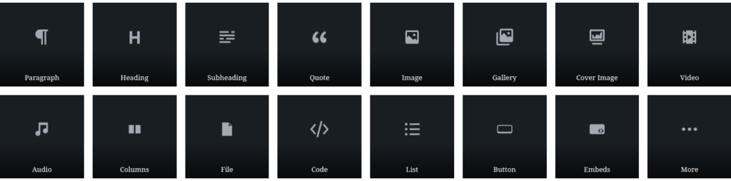 default blocks in Gutenberg WordPress editor
