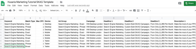 Screenshot of SKAG Campaign template